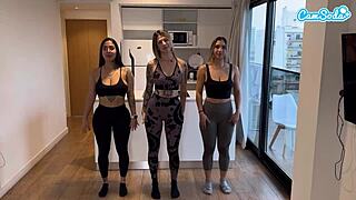 Four Athletic Latinas Lick Finger Pussies in First-Time Workout Lesbian Orgy