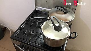 muscular couple moans wildly during kitchen doggystyle pounding