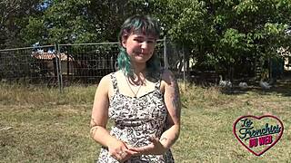 Suggestive French chubby brunette slut teases tight pussy on outdoor webcam