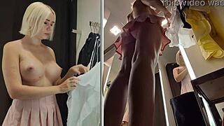 Young blonde reveals big tits in see-through skirt public
