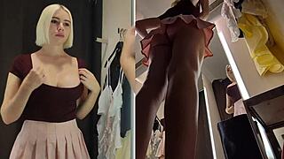 Young blonde reveals big tits in see-through skirt public