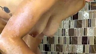 Busty Brunette Milf Bathtub Suck Off with Hot Friend Cum on Big Tits