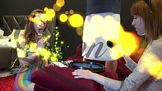 two sexy redhead sluts compete in handjob dice game to make guy cum first