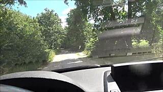Blonde German slut bends over car for huge cock creampie in nylons