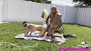 muscular bodybuilder dominates skinny tattooed girl outdoor rough ride