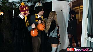 halloween night turns into wild milf-teen toy vibrator lesbian frenzy