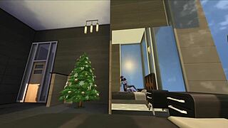 detailed lesbian shemale christmas morning bedroom fucking riding creampie session