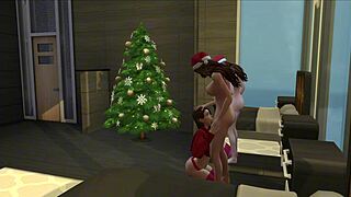 detailed lesbian shemale christmas morning bedroom fucking riding creampie session