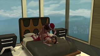 detailed lesbian shemale christmas morning bedroom fucking riding creampie session