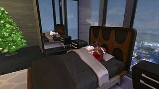 detailed lesbian shemale christmas morning bedroom fucking riding creampie session