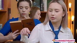 18yo lesbians lick juicy pussies in library orgy fun 💦