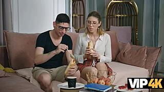 blonde nerd devours athletic ass with hungry rimjob on sofa