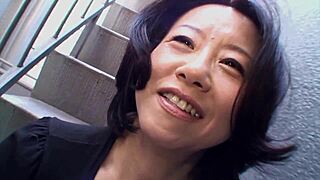 Asian brunette flashes boobs on street then toys hairy pussy hard