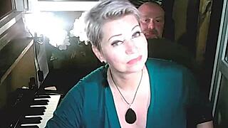Mature blonde wife teases juicy pussy lips on tight moscow balcony