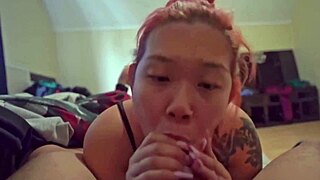 sexy asian slut chokes on early morning cock cum in mouth!