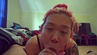 sexy asian slut chokes on early morning cock cum in mouth!