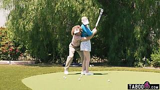two shemales teach milf golf then swing her into wild group fucking frenzy