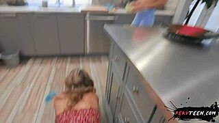 girlfriend's milf mom sneaks under table for sneaky blowjob and handjob