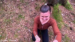 Russian couple captures raw outdoor blowjob in forest depths up close