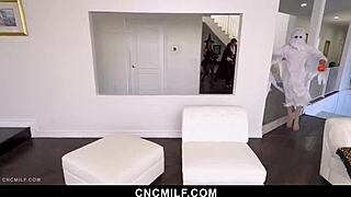 Spooky costumed guys freeuse big-titted milf next door in wild 4some