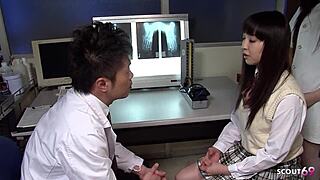 pervy japanese doc lures petite teen into hairy ffm threesome creampie ride