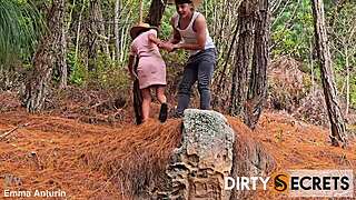 petite brunette fucks boyfriend deep in forest by lake
