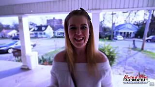 Curvy blonde Stacie teases deepthroat blowjob with intense eye contact for swallow cumshot