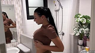 naughty brunette creamed doggystyle in hot shower