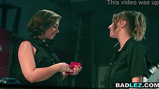 huge ass milf mechanic oils up and straps on to trib busty blonde in garage