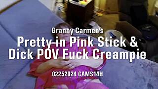 Granny carmen spreads pretty pink pussy for pov creampie stick and dick pounding