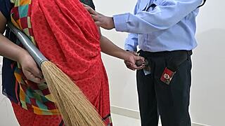Maid delivers teasing prolonged handjob to security guard in private quarters during shift