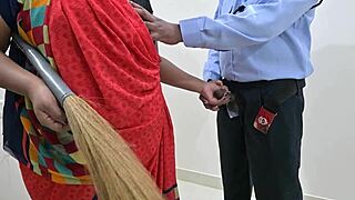 Maid delivers teasing prolonged handjob to security guard in private quarters during shift