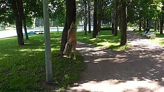 Blonde exhibitionists flash big tits nude outdoors in St. Petersburg streets part 1