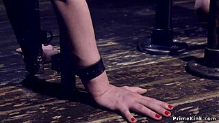hot blonde bound in device takes brutal caning choking and deepthroat pain