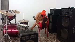 rock band queen fucks athletic guy with huge cock on halloween, she rides like slut in music room