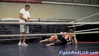 Muscular babes clash in steamy lesbian wrestling catfight