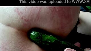 Amazing double penetration stretches tight asshole with huge cucumbers