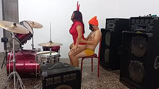 rock band queen fucks athletic guy with huge cock on halloween, she rides like slut in music room