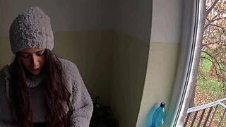 Cute brunette Vixi Rafi strips then gets hardcore pussy pounded closeup