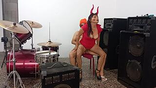 rock band queen fucks athletic guy with huge cock on halloween, she rides like slut in music room