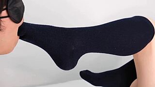Cute uniform girl in navy socks gives epic footjob to m male