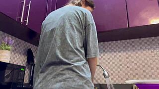 Dormmate girl gets cum in mouth and hair in kitchen