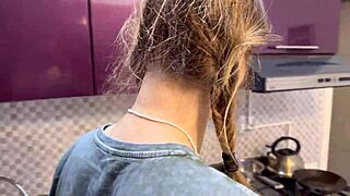 Dormmate girl gets cum in mouth and hair in kitchen