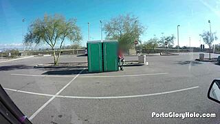 porta gloryhole chubby slut swallows in public