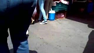 curvy milf in tight jeans walks down street
