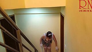 Depraved maid shows off while cleaning the stairs