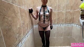 Handcuffed slut gets face fucked hard in shower!