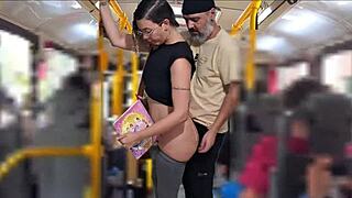 Slutty student gets cumshot in public on the bus