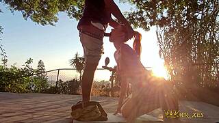 Redhead slut caught fucking outdoors with public deepthroat on patio