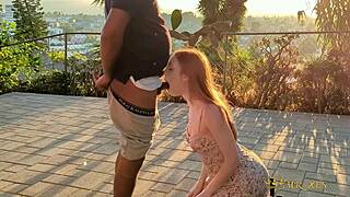 Redhead slut caught fucking outdoors with public deepthroat on patio